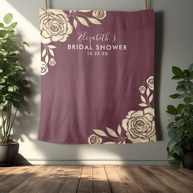 Bridal Shower Photo Backdrop Burgundy Golden Roses Tapestry (Creator Uploaded)