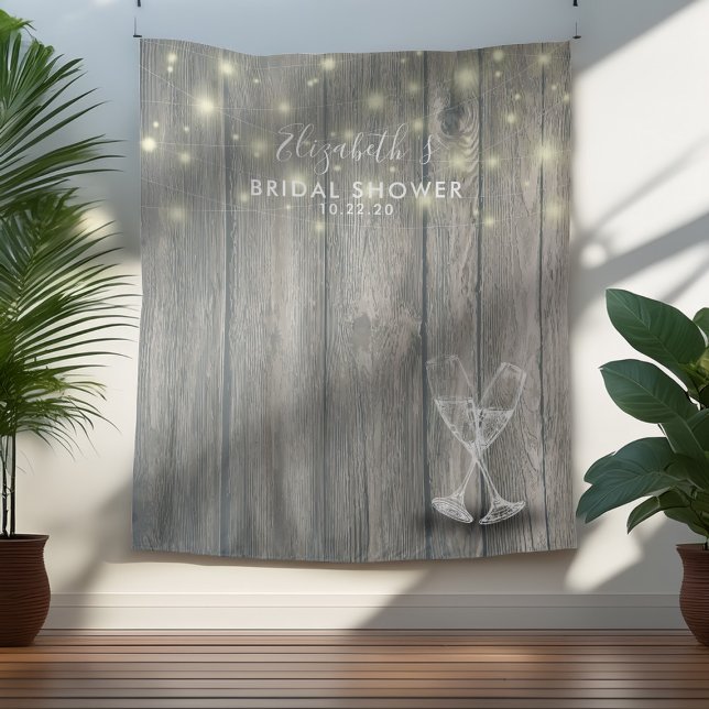 Bridal Shower Photo Backdrop Champagne Glass Wood Tapestry (Creator Uploaded)