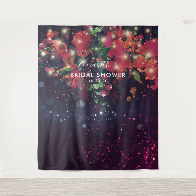 Bridal Shower Photo Backdrop Flowers String Lights Tapestry (Front)