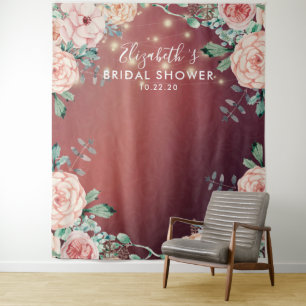 Bridal Shower Photo Backdrop Flowers String Lights Tapestry