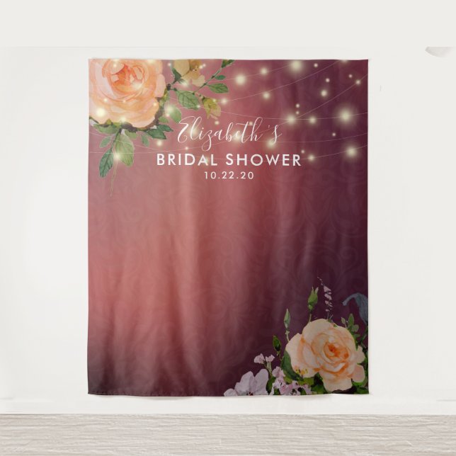 Bridal Shower Photo Backdrop Flowers String Lights Tapestry (Front)