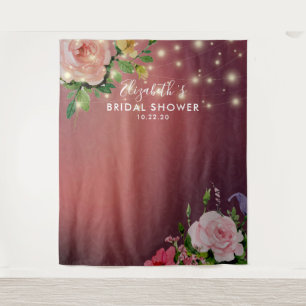 Bridal Shower Photo Backdrop Flowers String Lights Tapestry