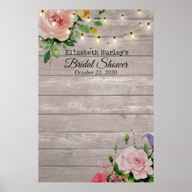 Bridal Shower Photo Backdrop Flowers Wood Lights Poster (Front)