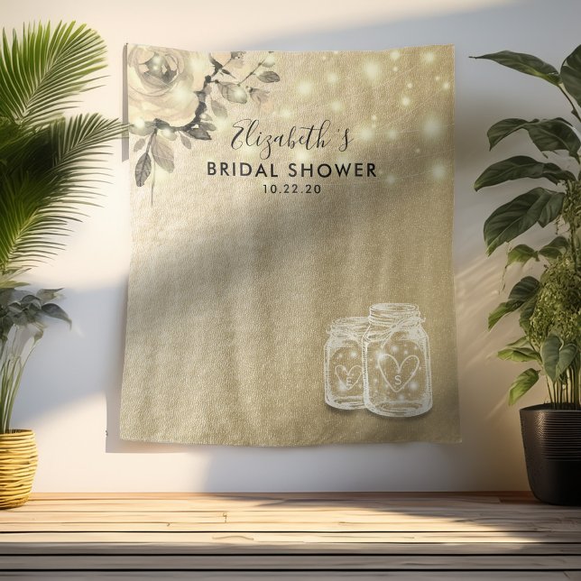 Bridal Shower Photo Backdrop Gold Floral Mason Jar Tapestry (Creator Uploaded)