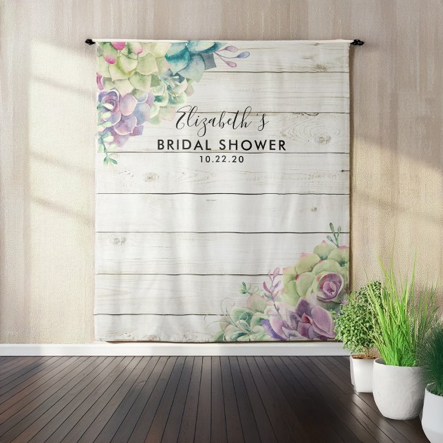 Bridal Shower Photo Backdrop Succulent Rustic Wood Tapestry (Creator Uploaded)