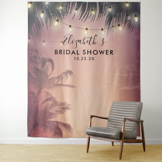 Bridal Shower Photo Backdrop Summer Palm Trees Tapestry (In Situ)