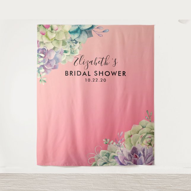 Bridal Shower Photo Backdrop Watercolor Succulents Tapestry (Front)