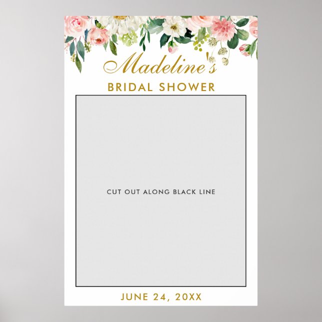 Bridal Shower Photo Booth Prop | Gold Pink Floral Poster (Front)