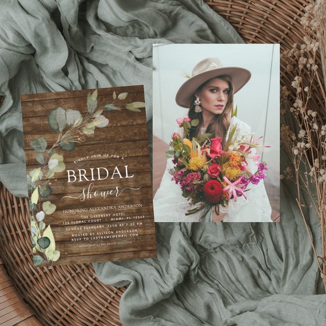 Bridal Shower Photo Eucalyptus Rustic Wood Invitation (Creator Uploaded)