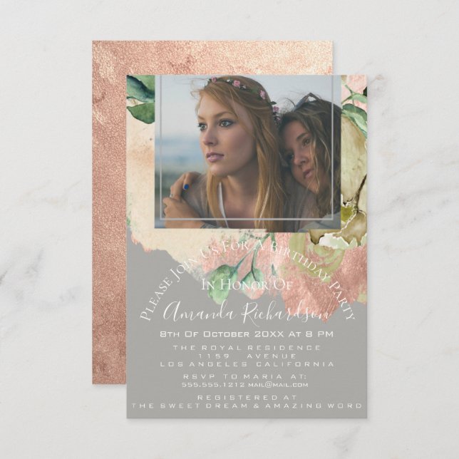 Bridal Shower Photo Floral Birthday Grey Peach Invitation (Front/Back)
