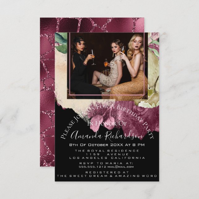Bridal Shower Photo Floral Birthday Marsala Glitte Invitation (Front/Back)