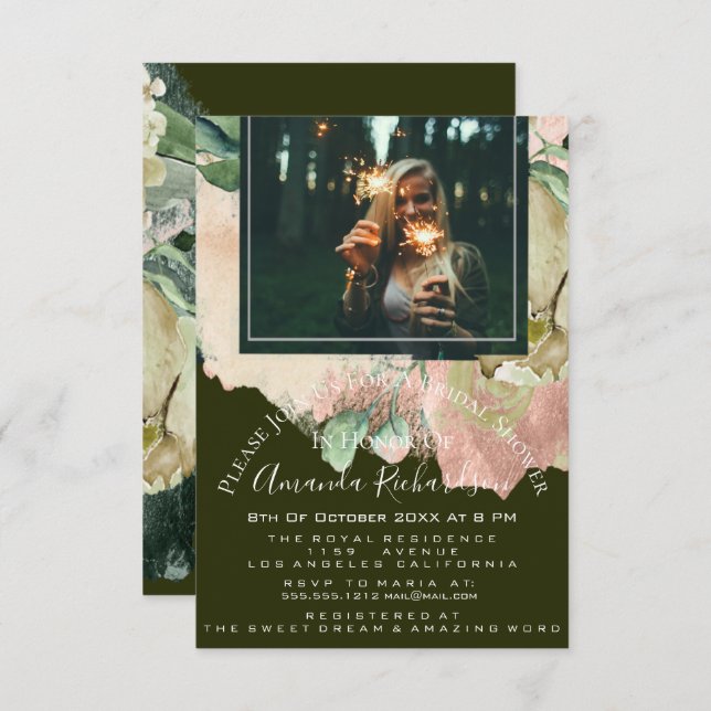 Bridal Shower Photo Floral Graduation Cali Green Invitation (Front/Back)
