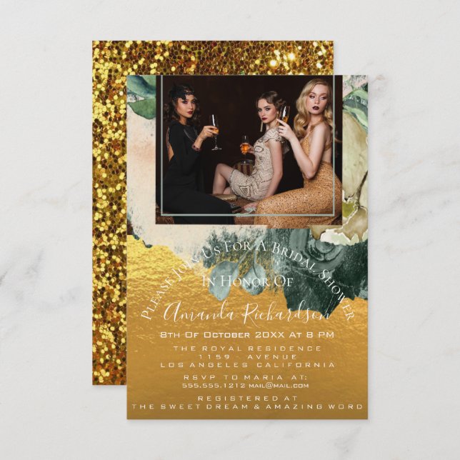 Bridal Shower Photo Maroon Floral Birthday Gold Invitation (Front/Back)