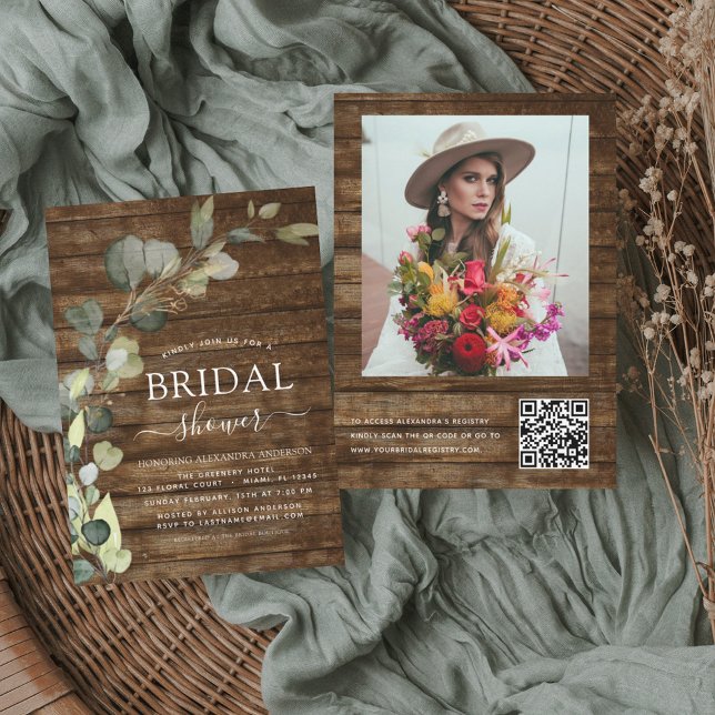 Bridal Shower Photo QR Code Eucalyptus Rustic Wood Invitation (Creator Uploaded)