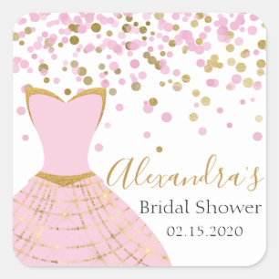 Bridal Shower Pink and Gold Foil Dress Square Sticker