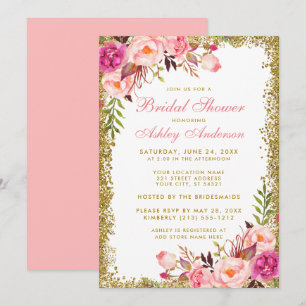 Bridal Shower Pink Blush Floral Gold Glitter Invitation