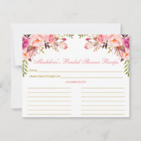 Bridal Shower Pink Blush Floral Gold Recipe Card