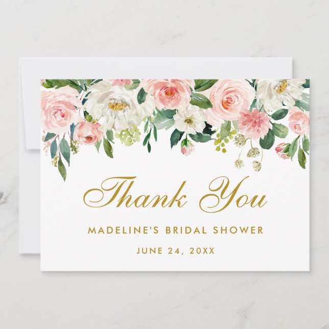 Bridal Shower Pink Blush Floral Gold Thanks Invitation (Front)