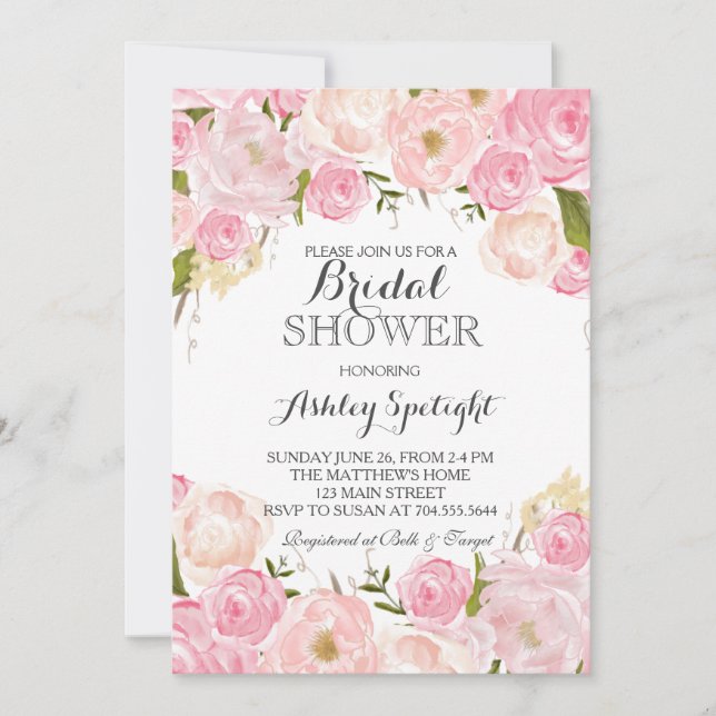 Bridal Shower pink blush Floral Invitation (Front)