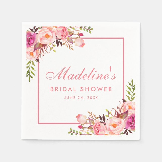 Bridal Shower Pink Blush Framed Floral Napkin (Front)
