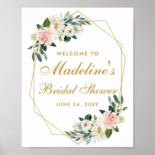 Bridal Shower Pink Blush Gold Frame Floral Welcome Poster (Front)