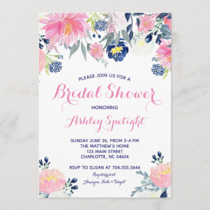 Bridal Shower pink blush navy Floral Invitation