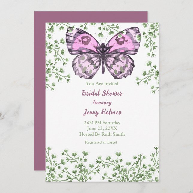 Bridal Shower Pink Butterfly Greenery Invitation (Front/Back)
