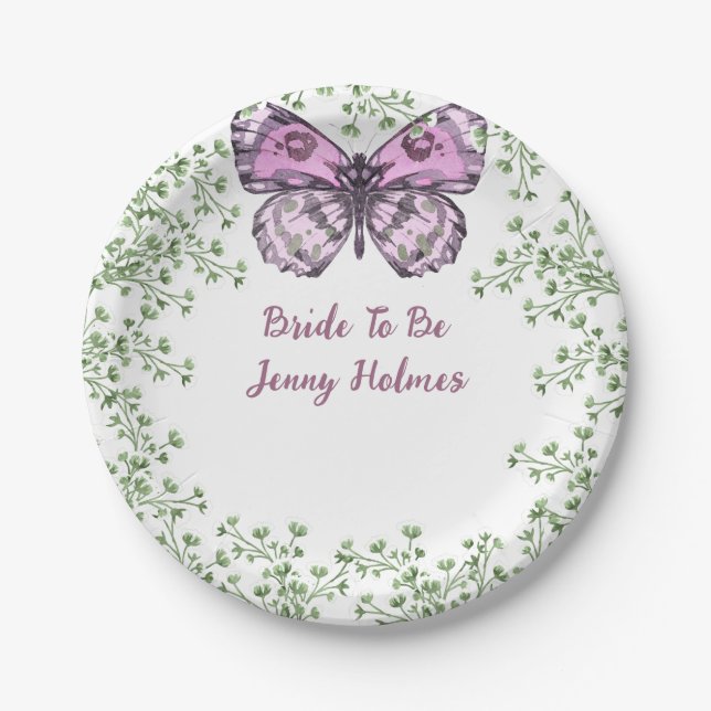 Bridal Shower Pink Butterfly Greenery  Paper Plate (Front)