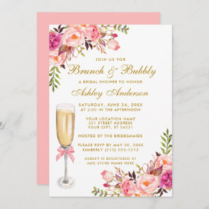 Bridal Shower Pink Floral Brunch Bubbly Gold Invitation