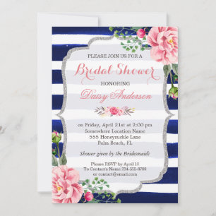 Bridal Shower Pink Floral Silver Blue Stripes Invitation