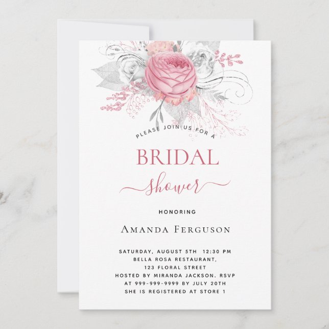 Bridal Shower pink florals elegant silver white Invitation (Front)