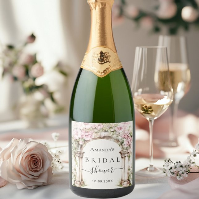 Bridal shower pink florals marble arch sparkling wine label (Creator Uploaded)