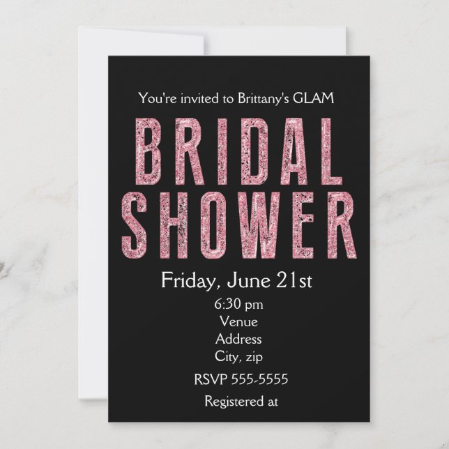 Bridal Shower pink glitter black glam invitation (Front)