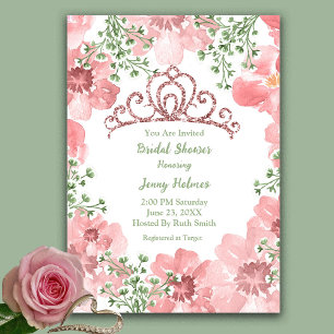 Bridal Shower Pink Glitter Crown Roses Greenery Invitation