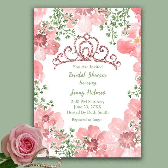 Bridal Shower Pink Glitter Crown Roses Greenery Invitation (Creator Uploaded)