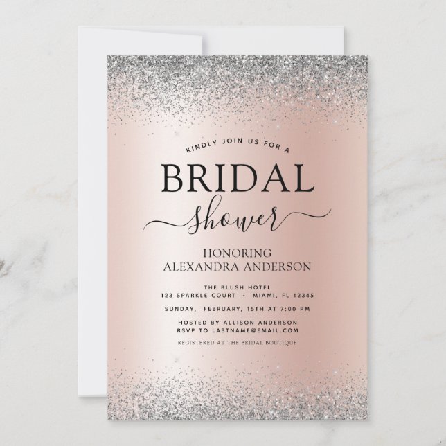 Bridal Shower Pink Glitter Rose Gold Silver Invitation (Front)