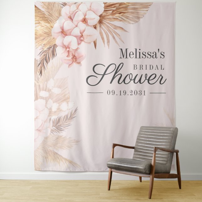 Bridal Shower Pink Pampas Grass Boho Backdrop Tapestry (In Situ)