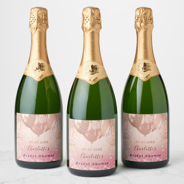 Bridal Shower pink rose gold balloons fun Sparkling Wine Label (Bottles)