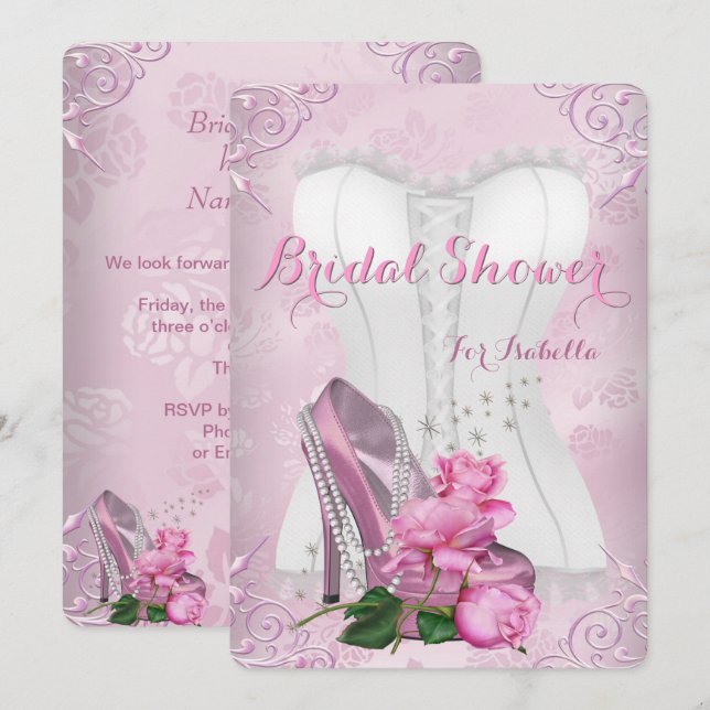 Bridal Shower Pink Rose High Heel Floral Damask Invitation (Front/Back)