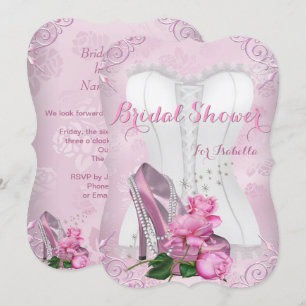 Bridal Shower Pink Rose High Heel Floral Damask Invitation