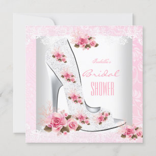 Bridal Shower Pink Rose White Lace Hi Heel Invitation