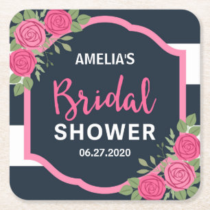 Bridal Shower Pink Roses Blue White Stripes Square Paper Coaster