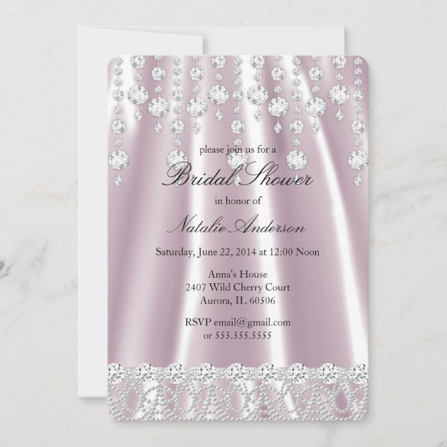 Bridal Shower Pink Silk Diamond Crystal Invitation (Front)