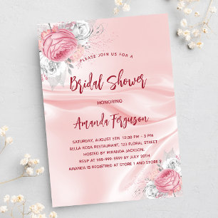 Bridal shower pink silk florals white roses luxury invitation