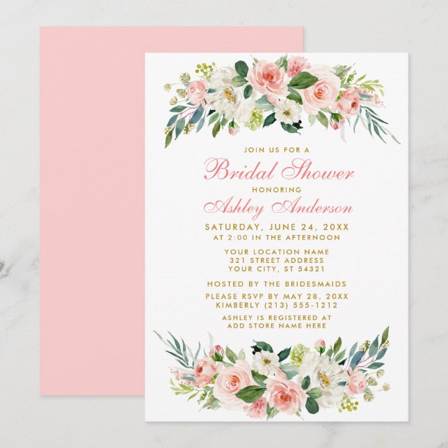 Bridal Shower Pink White Floral Gold Invitation P (Front/Back)
