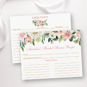 Bridal Shower Pink White Floral Gold Recipe Card
