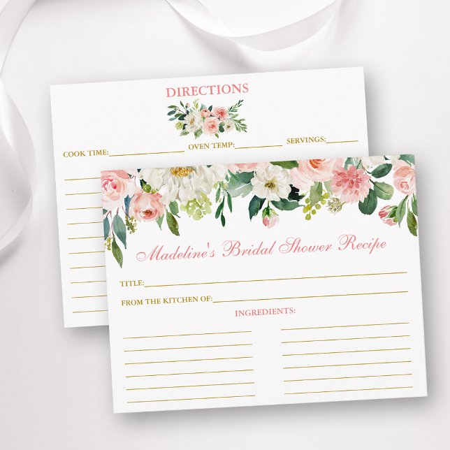Bridal Shower Pink White Floral Gold Recipe Card (Customize to change text color, size or text style.)