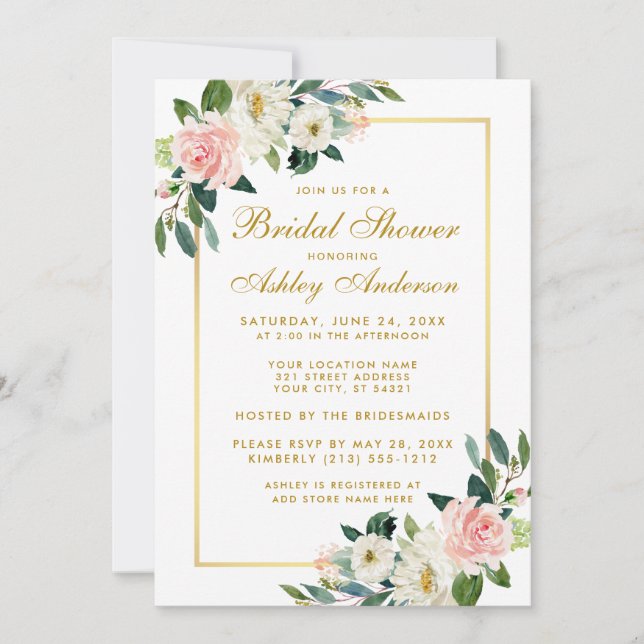 Bridal Shower Pink White Gold Floral Invitation (Front)