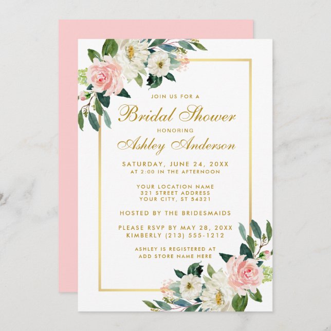 Bridal Shower Pink White Gold Floral Invitation P (Front/Back)