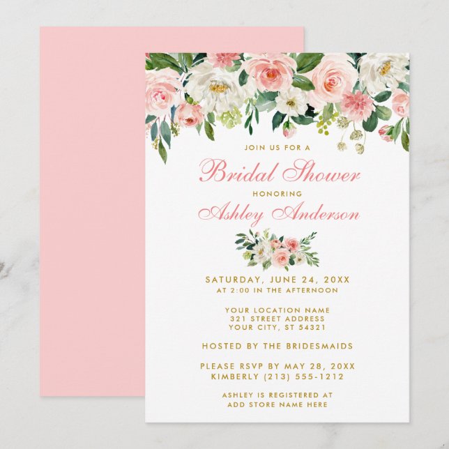 Bridal Shower Pink White Gold Floral Invite GP (Front/Back)